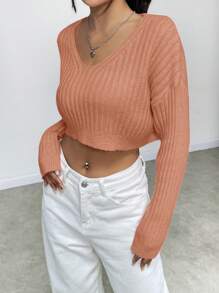 Flirla Casual Solid Color Cropped Sweater, Autumn/Winter Knit Pullover Fall - Orange - View 5