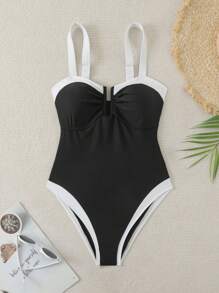 1 件女式拼色饰边宽肩带 V 领带钢圈连体泳衣夏季 - 黑與白 - 查看 8