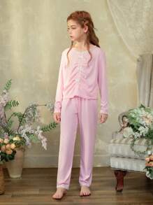 2 件套女童粉色纯色休闲长袖上衣和裤子家居服套装 - 粉色 - 查看 3