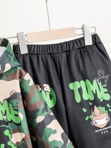 Young Boy Cartoon & Camo Print Hooded Sweater + Letter Graphic Zip-Up Vest + Elastic Waist Jogger Pants 3pcs Set