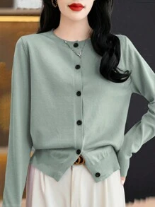 EMERY ROSE Solid Color Front Button Round Neck Casual Versatile Thin Long Sleeve Cardigan Fall Winter Cloth For Women - Army Green - View 3