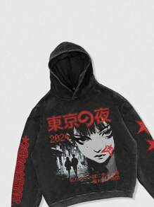 ROMWE MEN Street Life Men's Gothic Anime Cartoon Character Printed Washed Distressed Hoodie - Black - View 4
