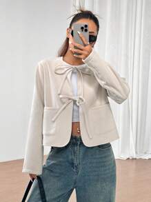 Flirla Thắt lưng nơ trơn màu cho nữ có túi thường ngày đơn giản thời trang - Màu be - Xem 1