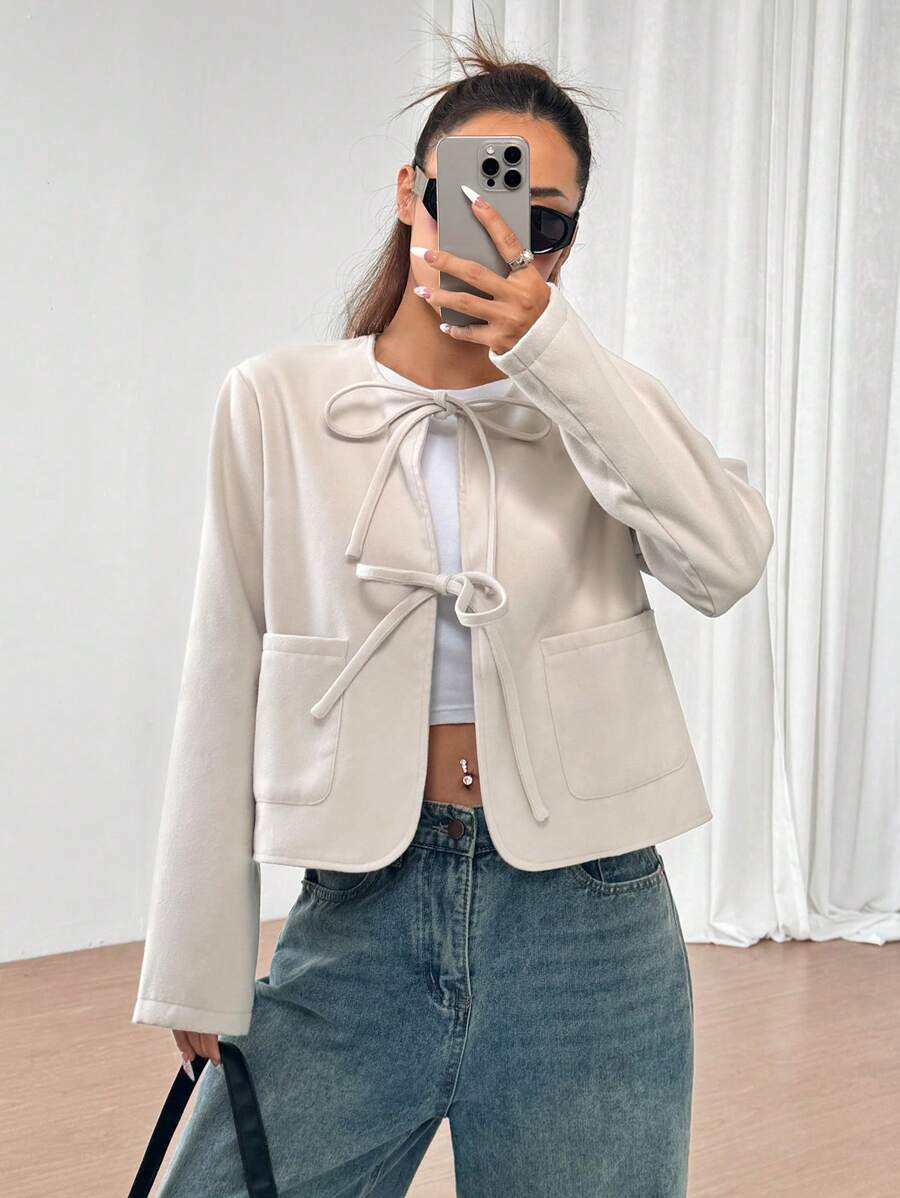 Flirla Thắt lưng nơ trơn màu cho nữ có túi thường ngày đơn giản thời trang - Màu be - Xem 1