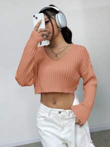 Flirla Casual Solid Color Cropped Sweater, Autumn/Winter Knit Pullover Fall - Orange - View 6