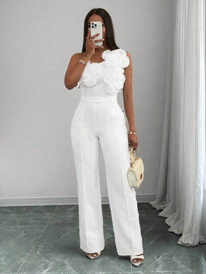 Slaydiva New Spring/Summer Women All-Match Casual Top, Versatile For Daily Wear, Vacation, Cruise Travel, Beach, Sunbathing, One-Shoulder, Tie-Strap, 3D Floral Decor, Sexy, Elegant, Commute, Wedding Season, White