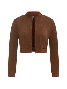 SHEIN LUNE 2pcs/Set Plus Size Solid Color Front Zipper Long Sleeve Cable Knit Sweater And Skirt - Coffee Brown - View 3