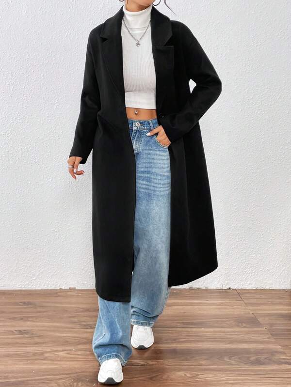 SHEIN PETITE 1 pièce Manteau long décontracté à col cranté, manches longues, couleur unie pour femmes, automne/hiver