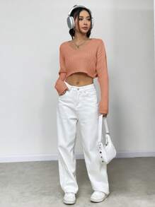 Flirla Casual Solid Color Cropped Sweater, Autumn/Winter Knit Pullover Fall - Orange - View 4