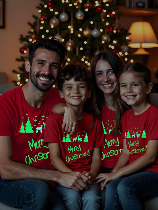Manfinity Ținute asortate pentru familie Tricou cu mânecă scurtă pentru bărbați de Crăciun cu gât rotund, imprimeu grafic distractiv, efect neon, modă ocazională lejeră confortabilă, culoare roșie mare festivă, atmosfera de Crăciun, brad, stele, ren, Crăciun FERICIT, ținută de familie