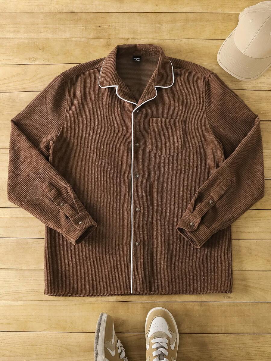 Manfinity VCAY 男士修身休闲翻领长袖衬衫，适合日常穿着 - 棕色 - 查看 1