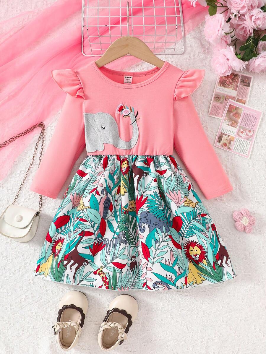 Young Girl Cute Elephant & Floral Embroidery Long Sleeve Dress For Spring & Autumn - Pink - View 1