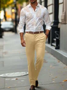 Manfinity RSRT 男士热带植物印花长袖衬衫和西裤休闲两件套，秋季 - 卡其色 - 查看 1