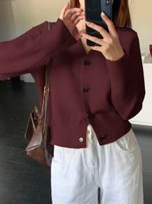 DAZY Cardigan Casual Feminino com Decoração de Laço, Outono - Fúcsia - Visão 3