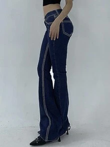 DAZY Women's Low Waist With Pockets Casual Flare Leg Jeans