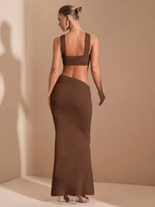 SHEIN BAE rotes gestricktes sexy elegantes minimalistisches Kleid mit Krawattenaufbau und rückenfrei für Frauen, geeignet für Abschlussfeiern, formelle Anlässe, Cocktailpartys, romantische Dates, Herbst-/Winterunterwäsche, Partys, Nachtclubs, Hochzeitsjungfernkleider, Nachtausgehen, Halloween, Weihnachten - Kaffeebraun - Übersicht 2