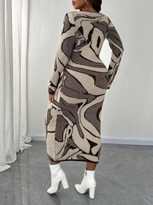 SHEIN Unity Große Größen elegantes Damen Strickkleid mit langen Ärmeln und Blumenmuster, figurbetont, für den Winter