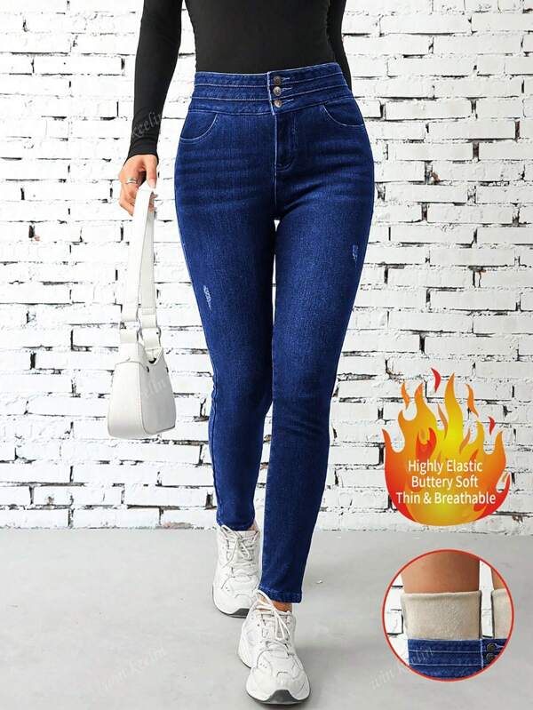 Jeans d'hiver épais pour femmes, coupe slim, taille haute, denim chaud et confortable pour un port quotidien au bureau, casual et à l'école