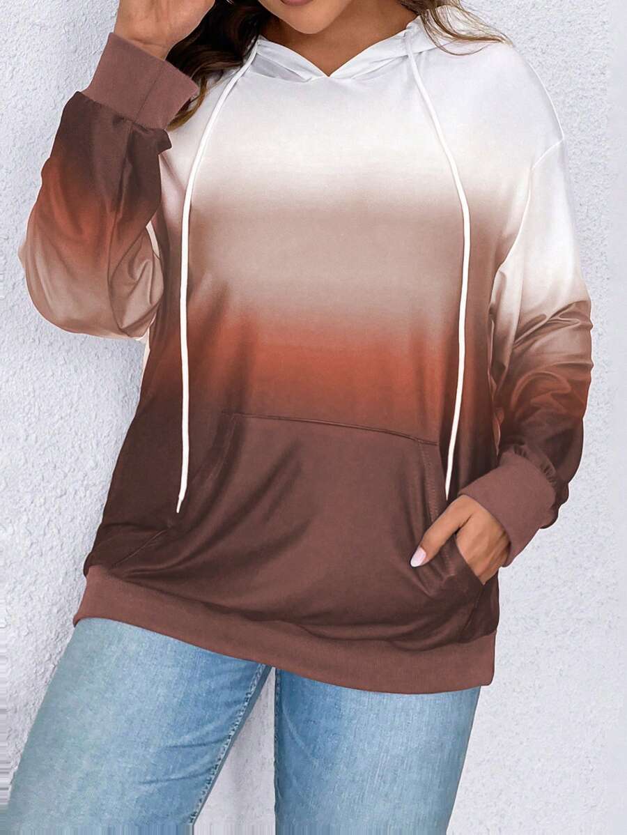 SHEIN LUNE Sudadera con cordón de color degradado talla grande, informal para otoño - Café integral - Ver 1