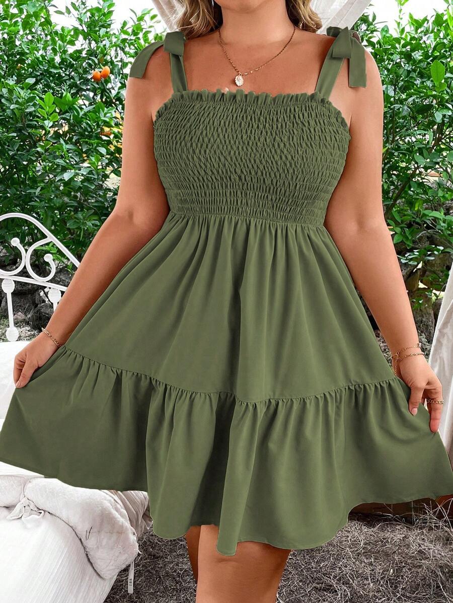 SHEIN Clasi Bộ đồ liền thân không tay có viền xếp nếp màu trơn cỡ lớn - Màu xanh Ô liu - Xem 1