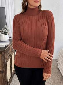 SHEIN Clasi Plus Size Women's Elegant Casual Work Everyday Basic Versatile Ribbed High Neck Slim Fitting Base Layer Pullover Top Basic Sweaterbusiness Casual Woman,Work Wear,Fall Wedding Guest Dress,