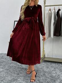 SHEIN Pregnant Women's Solid Round Neck Lantern Sleeve, Knotted Waistline Long Elegant Dress, Autumn, For Maternity, For Winter For New Year Holiday Party Clothes - Burgundy - View 3