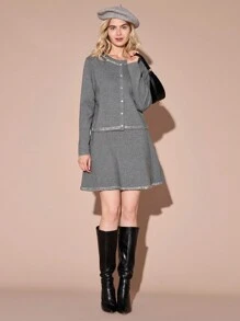 Enchnt Áo len cardigan đính pha lê phong cách Chanel cao cấp cho nữ - Xám - Xem 15