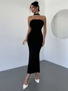 SHEIN Privé 大码女士性感优雅连衣裙、露背连衣裙、派对连衣裙、裹臀鱼尾连衣裙、大蝴蝶结连衣裙、约会连衣裙、优雅女士连衣裙正式连衣裙节日连衣裙黑色万圣节连衣裙 - 黑色 - 查看 3
