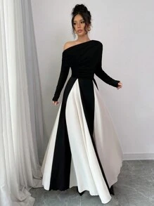 Rafferiza 女士优雅休闲连衣裙，斜肩褶饰，不对称下摆长袖紧身长裙女装 - 黑與白 - 查看 3