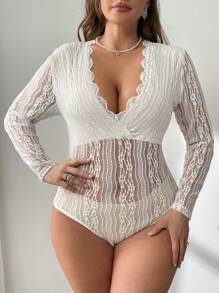 SHEIN Privé Plus Size Elegant Lace V-Neck Bodysuit, Slim Fit Long Sleeve For Autumn/Winter