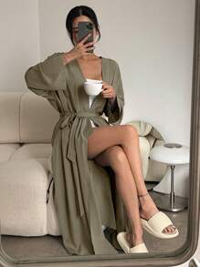 DAZY Solid Color Loose Belted Robe, Minimalist & Fashionable Casual Wear, For Pajama, Cozy Outfit, Fall & Winter - Army Green - View 1