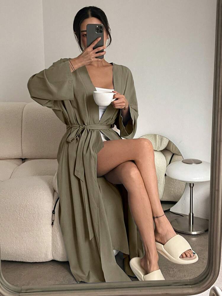 Solid Color Loose Belted Robe, Minimalist & Fashionable Casual Wear, For Pajama, Cozy Outfit, Fall & Winter