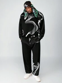 Manfinity VCAY Men's Digital Print Loose Knit Long Sleeve Sweatshirt Set, For Fall Winter - Black - View 1