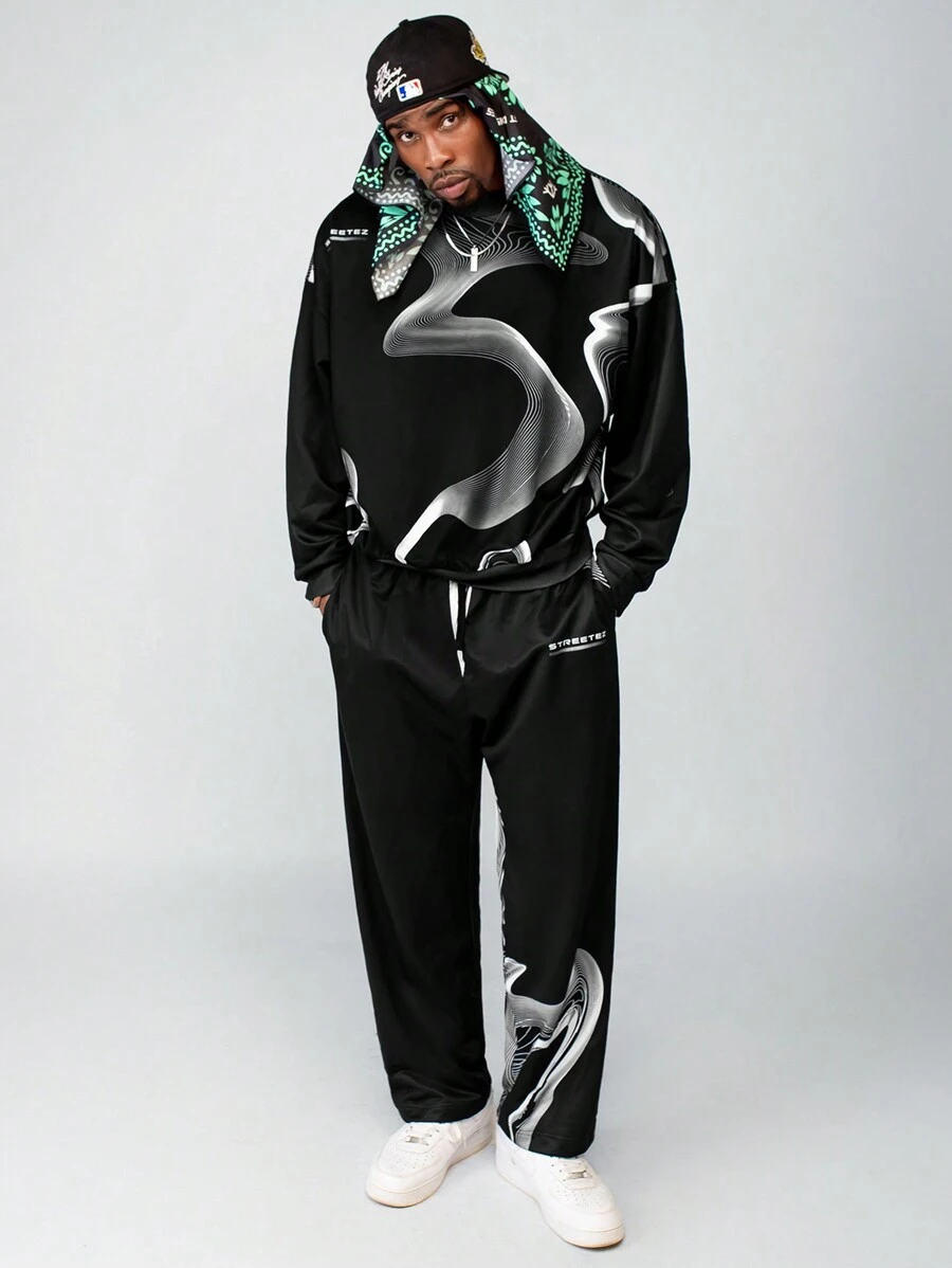 Manfinity VCAY Men's Digital Print Loose Knit Long Sleeve Sweatshirt Set, For Fall Winter - Black - View 1