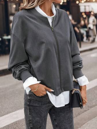 SHEIN LUNE Lässige schwarze Baseball-Jacke für Damen, oversized Reißverschluss Sportlich Streetwear Winter Flughafen Outfit