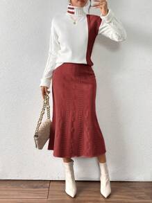 Calvaya Vestido largo elegante y de moda con escote en V, contraste de colores, lazo, manga con campana de cola de pez, para otoño/invierno, estilo europeo y americano
