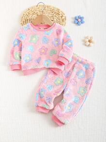 Cozy Pixies 2pcs/Set Baby Girl Colorful Floral Print Thick Warm Crew Neck Long Sleeve Sweatshirt And Jogger Pants Set