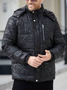 Manfinity Homme Chaqueta con cremallera y capucha con estampado de camuflaje texturizado en negro para hombre, con bolsillos con cordón, para otoño/invierno, ropa de hombre de otoño e invierno, abrigo de camuflaje
