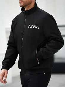 Manfinity Homme Męska kurtka termiczna z nadrukiem i nadrukiem na zamek błyskawiczny, ciepła na jesień/zimę, czarna ciepła kurtka z długim rękawem, na wyjście, dla przyjaciół, męża, chłopaka