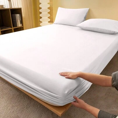 1pc Pure White Fitted Sheet, Mattress Protector, Soft & Breathable, Fits Twin, Full, Queen, King Size Beds, Deep Pocket Design Up To 11.8 Inches, Home Textile