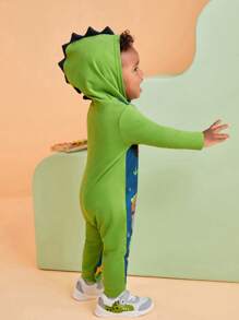 CoComelon X SHEIN Tutina con cappuccio per neonato maschio, stampa adorabile di bambino e dinosauro, design casual e alla moda, di colore verde