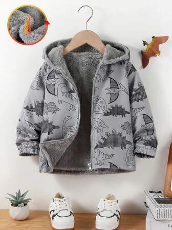 SHEIN Unga pojkar Casual Fashion Allover Print Jacka, Barn Varm termofodrad Zip-Up Huvkappa för höst/vinter
