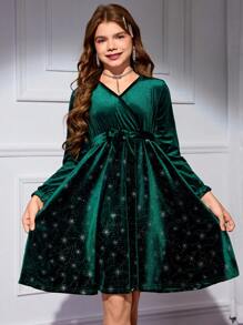 SHEIN Vestido de terciopelo con efecto de brillo en la cintura para niñas preadolescentes, elegante vestido de fiesta reflectante, adecuado para primavera, otoño y invierno/Navidad
