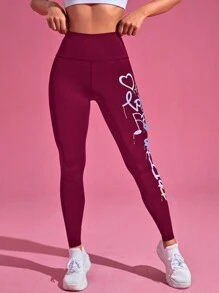 Gameset SHEIN Sport Women's Fashion Letter & Cartoon Print Elastic Sports Leggings - Burgundy - View 2