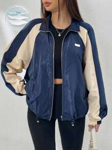 SHEIN EZwear 春季撞色拼接插肩袖抽绳下摆拉链防风夹克，秋冬季款 - 藏蓝色 - 查看 1