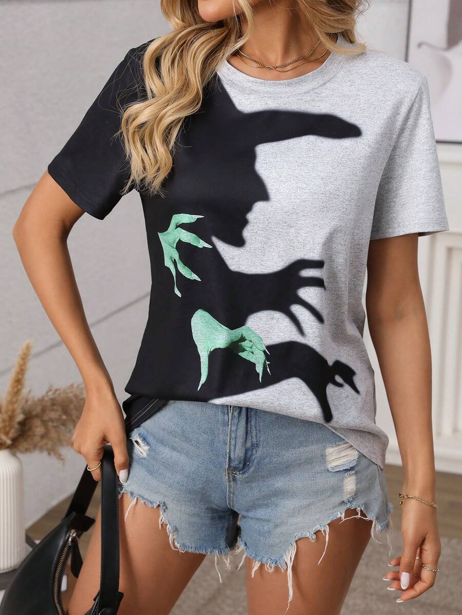SHEIN LUNE Women's Witch Print Round Neck Loose Casual Short Sleeve T-Shirt - Multicolor - View 1