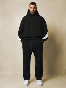 SUMWON Oversized Pullover Athletic Hoodie With White Contrast Sleeve Panels Retro Style Winter Fall Streetwear Centre Pocket - Black - View 3