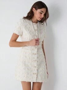 Enchnt Spring/Summer Romantic  Women's Apricot Exquisite Flower Pearl Button Decor Pocket Short Sleeve Fancy Yarn Tweed Mini Dress,Sweet&Elegant Outfit For Sweet Date Night &Wedding Guest Dress Women &Holiday & Graduation Dress&Daily Commuting&Vacation&Garden Parties & Concert Outfit Women