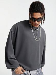 Manfinity NXTstreet Men's Loose Knit Pullover Sweatshirt, Long Sleeve Crew Neck Graphic Dark Grey Sweatshirt, For Friends, Husband, Boyfriend Gifts, For Fall Winter - Dark Grey - View 2