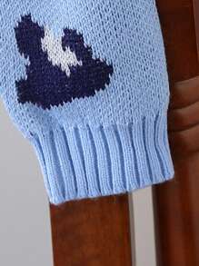 SHEIN Adolescent Girls' Stylish Cute Patterned Knit Cardigan, Long Sleeve, Front Open Design. Leopard And Animal Print Patterns, Bow And Button Decor Adding A Sweet Touch. Elegant Blue Color, Soft Fabric, Fitted Silhouette Elongating The Proportion. A Fashionable Piece For Girls In Autumn/Winter, Suitable For Various Occasions Like Home Gathering, Outing, Shopping, School, Etc. - Blue - View 3